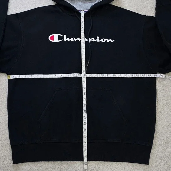 Champion Men's Black Script Logo Hoodie Sweatshirt Athletic Wear Size L Fleece - Picture 2 of 5